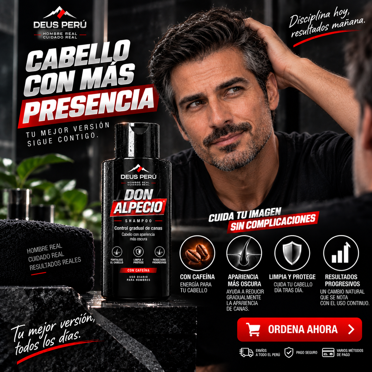 DEUS DON ALPECIO — Shampoo masculino para control gradual de la apariencia de las canas