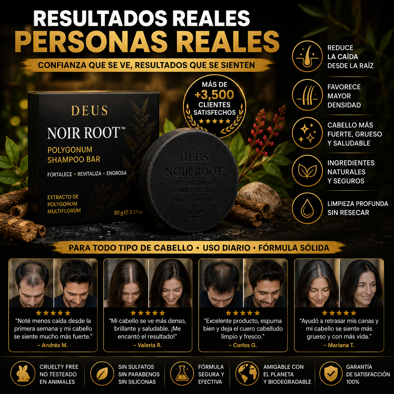DEUS NOIR ROOT™ – Shampoo Sólido Anticaída con Polygonum Original 2 por 1