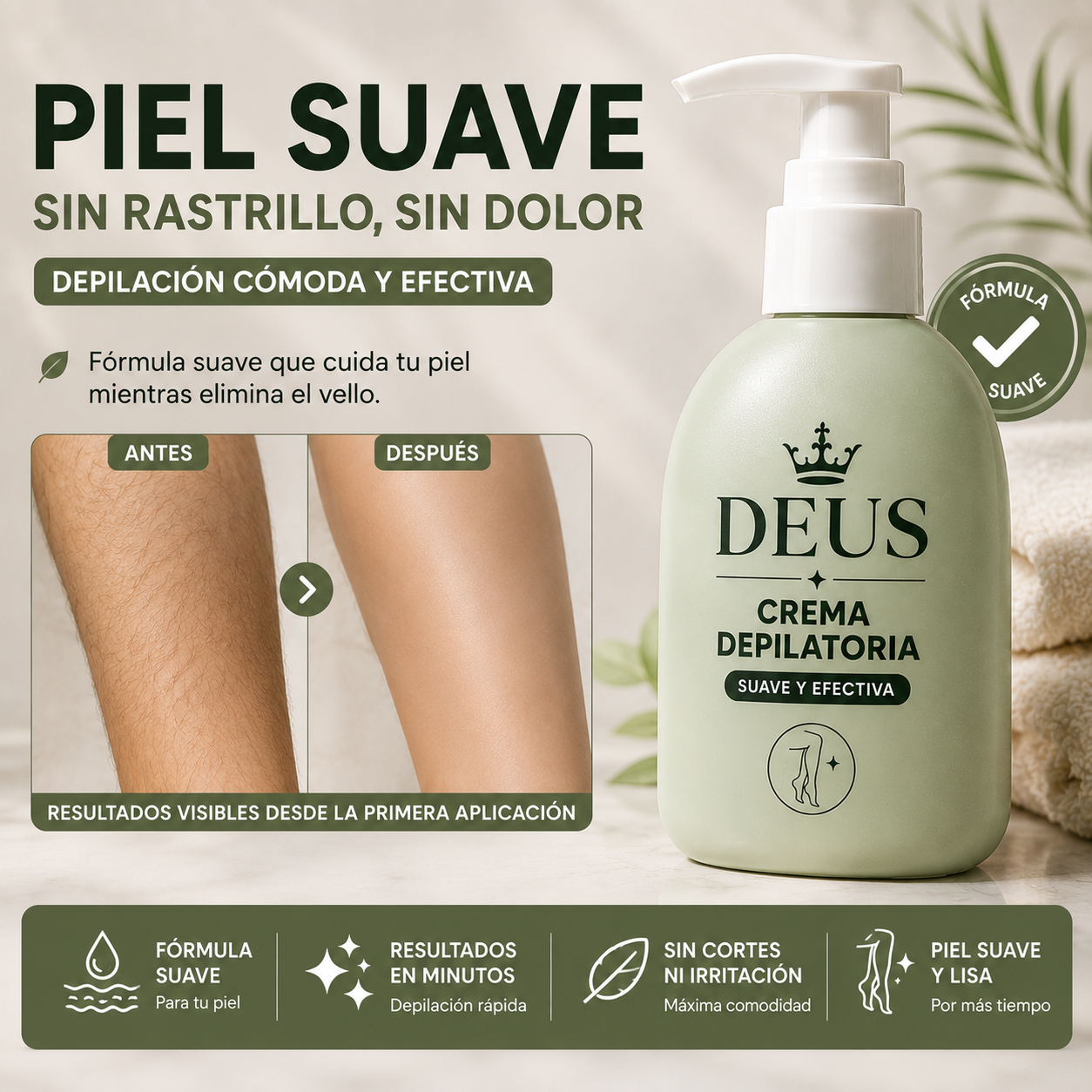 Crema Depilatoria DEUS SILK™ – Elimina el Vello en Minutos y Deja tu Piel Suave