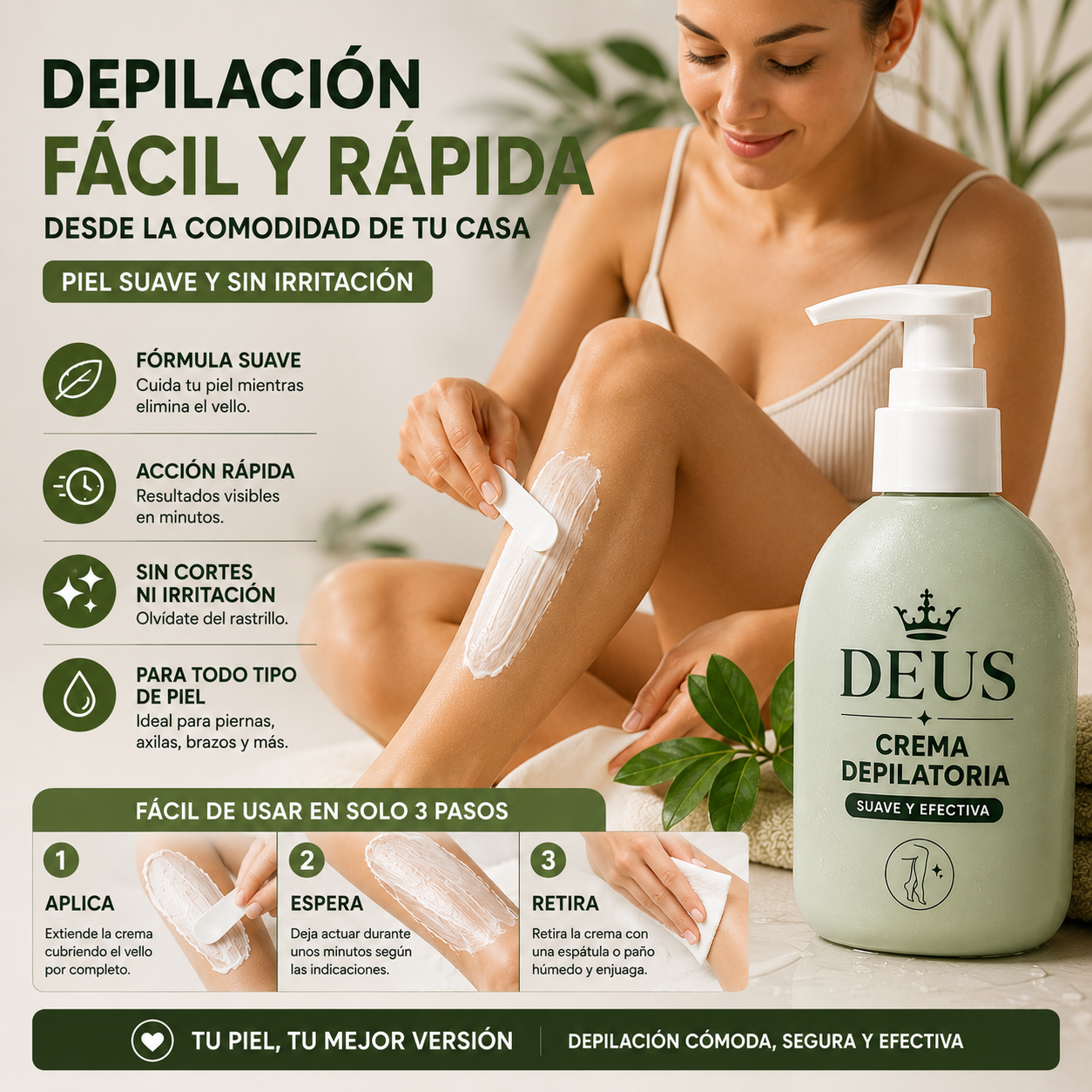 Crema Depilatoria DEUS SILK™ – Elimina el Vello en Minutos y Deja tu Piel Suave