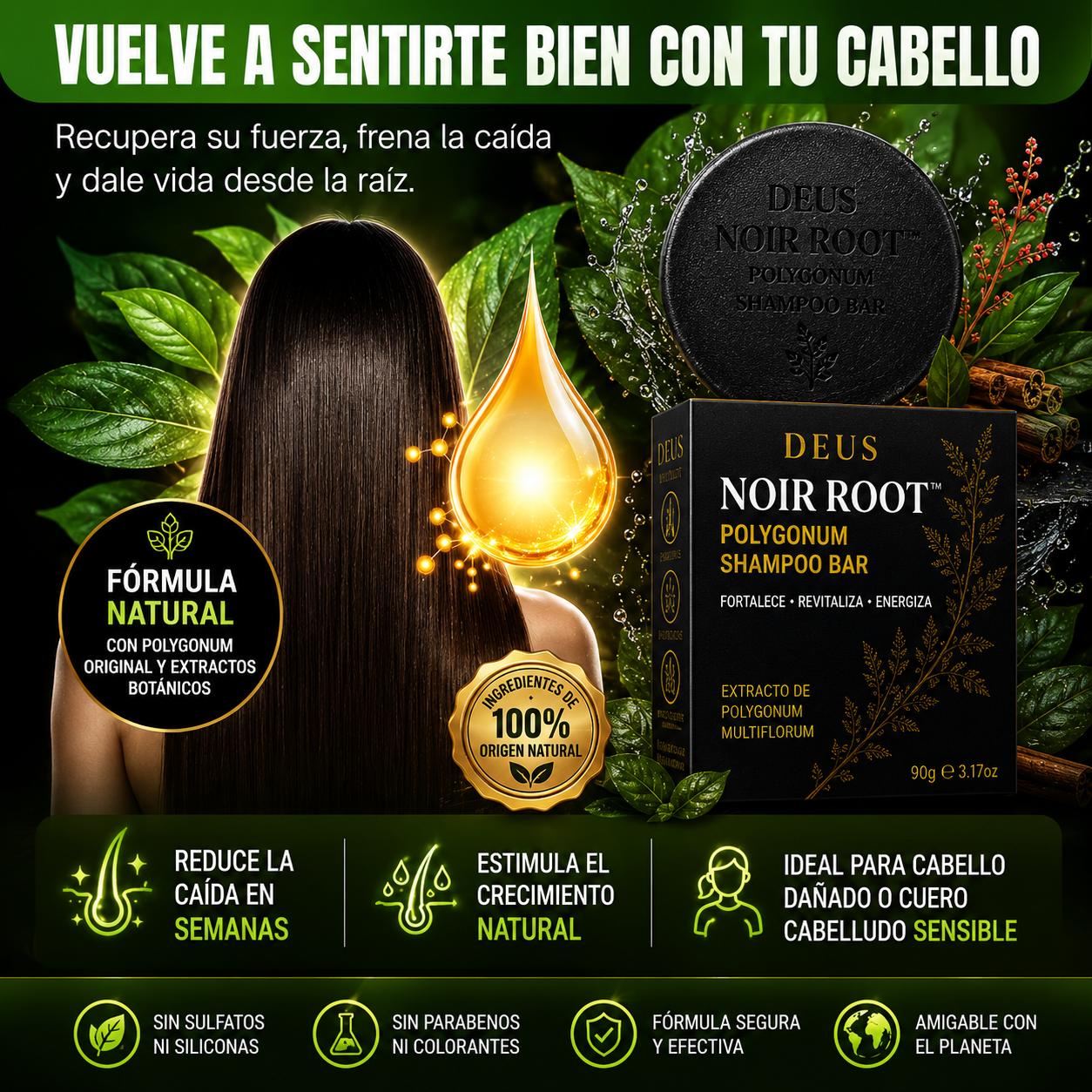 DEUS NOIR ROOT™ – Shampoo Sólido Anticaída con Polygonum Original 2 por 1