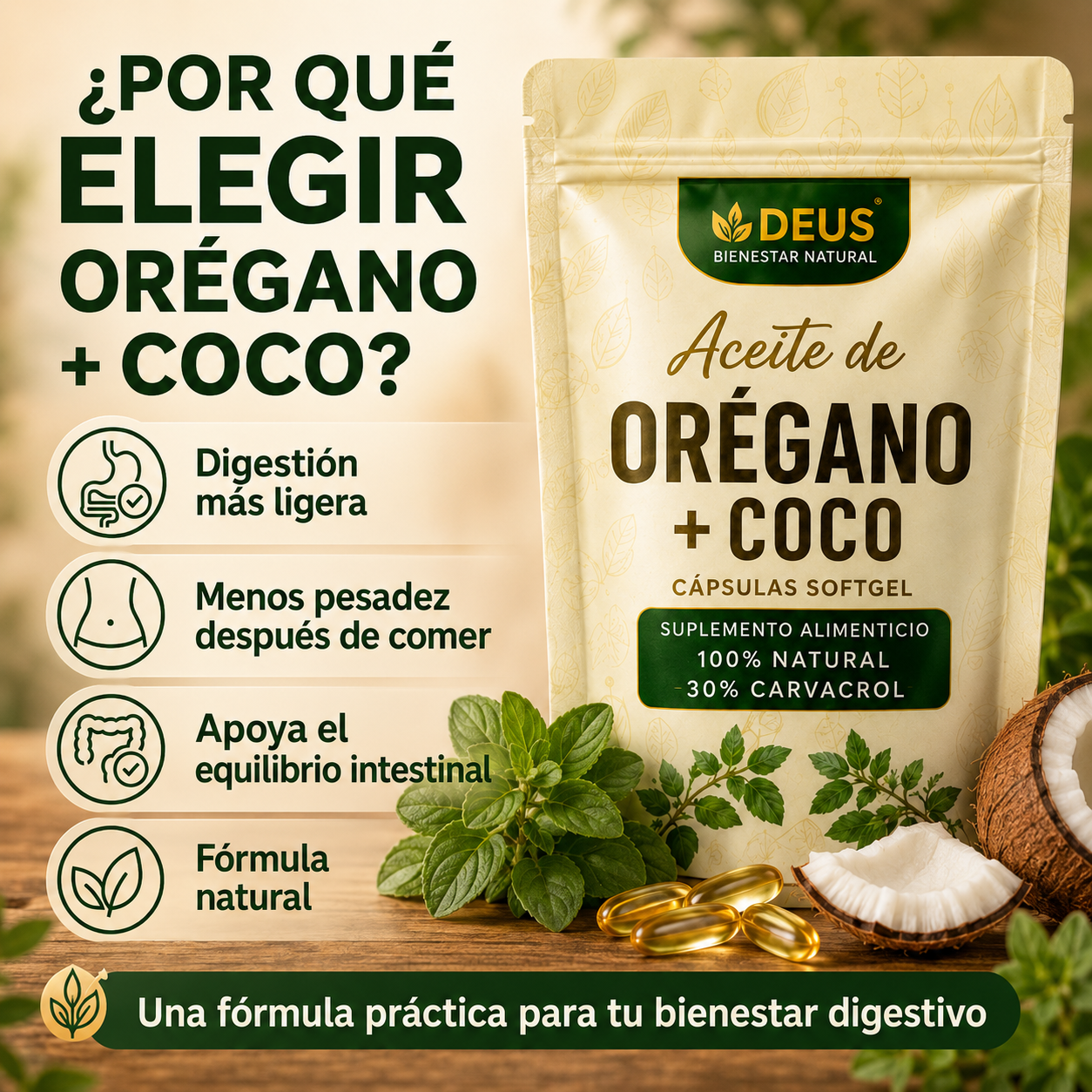 Aceite de Orégano + Coco – Apoya la Digestión y el Equilibrio Intestinal