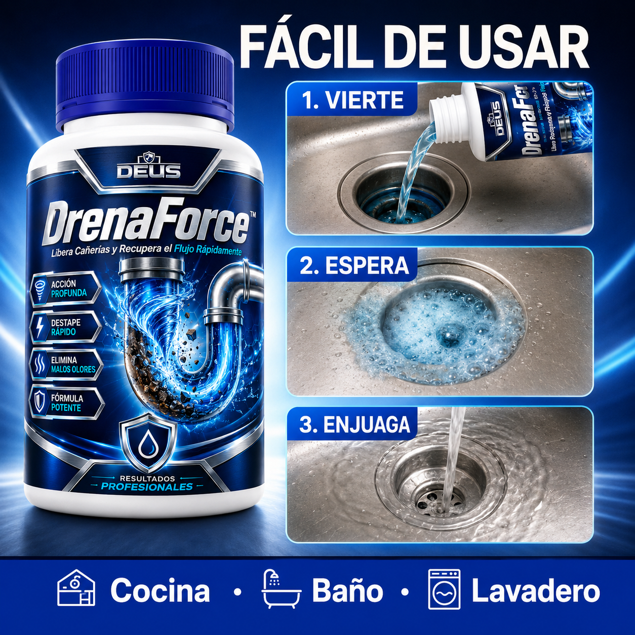 DrenaForce™ – Libera Cañerías y Recupera el Flujo Rápidamente