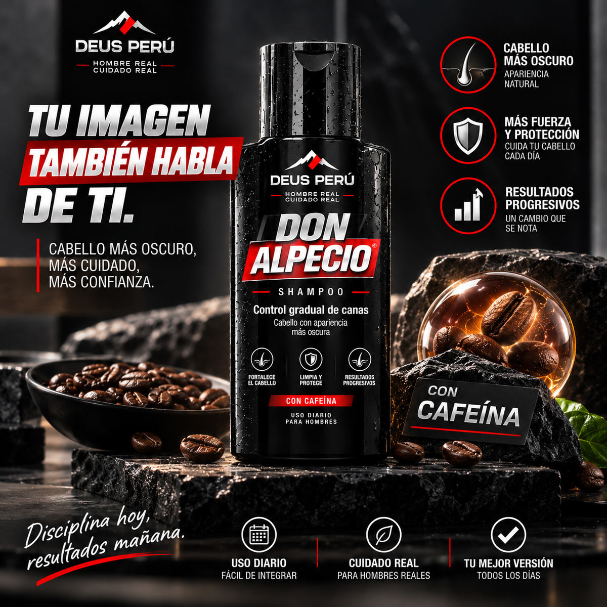 DEUS DON ALPECIO — Shampoo masculino para control gradual de la apariencia de las canas