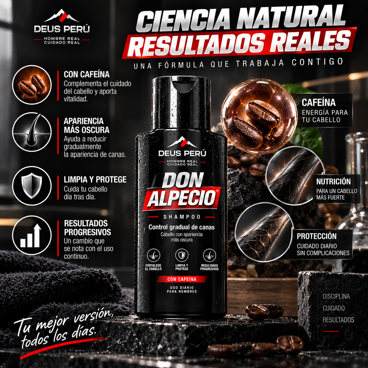 DEUS DON ALPECIO — Shampoo masculino para control gradual de la apariencia de las canas