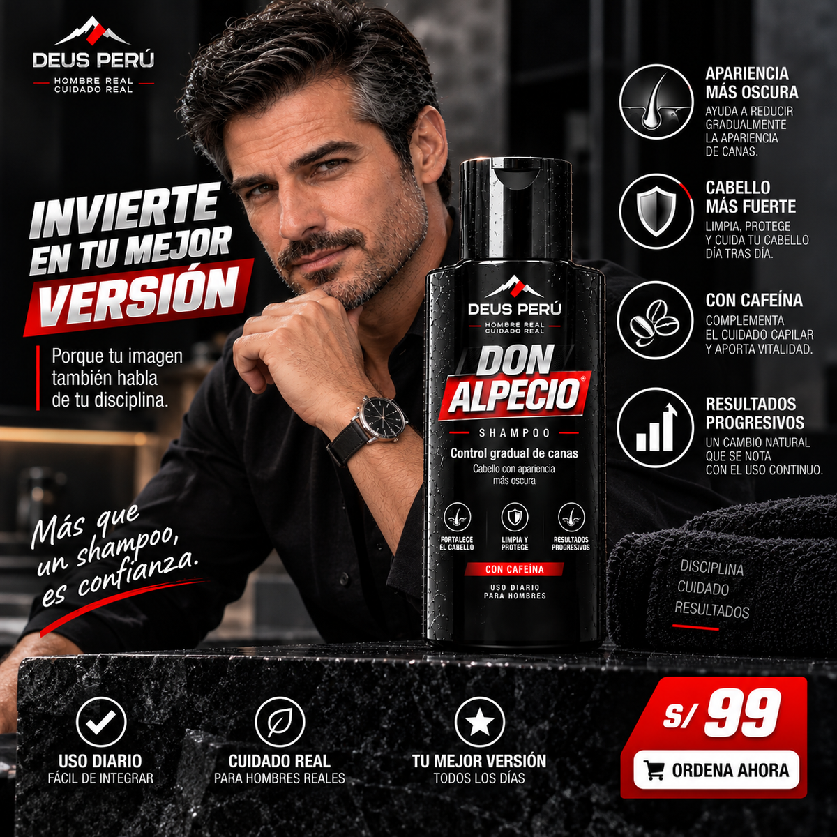 DEUS DON ALPECIO — Shampoo masculino para control gradual de la apariencia de las canas