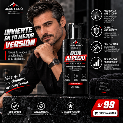DEUS DON ALPECIO — Shampoo masculino para control gradual de la apariencia de las canas