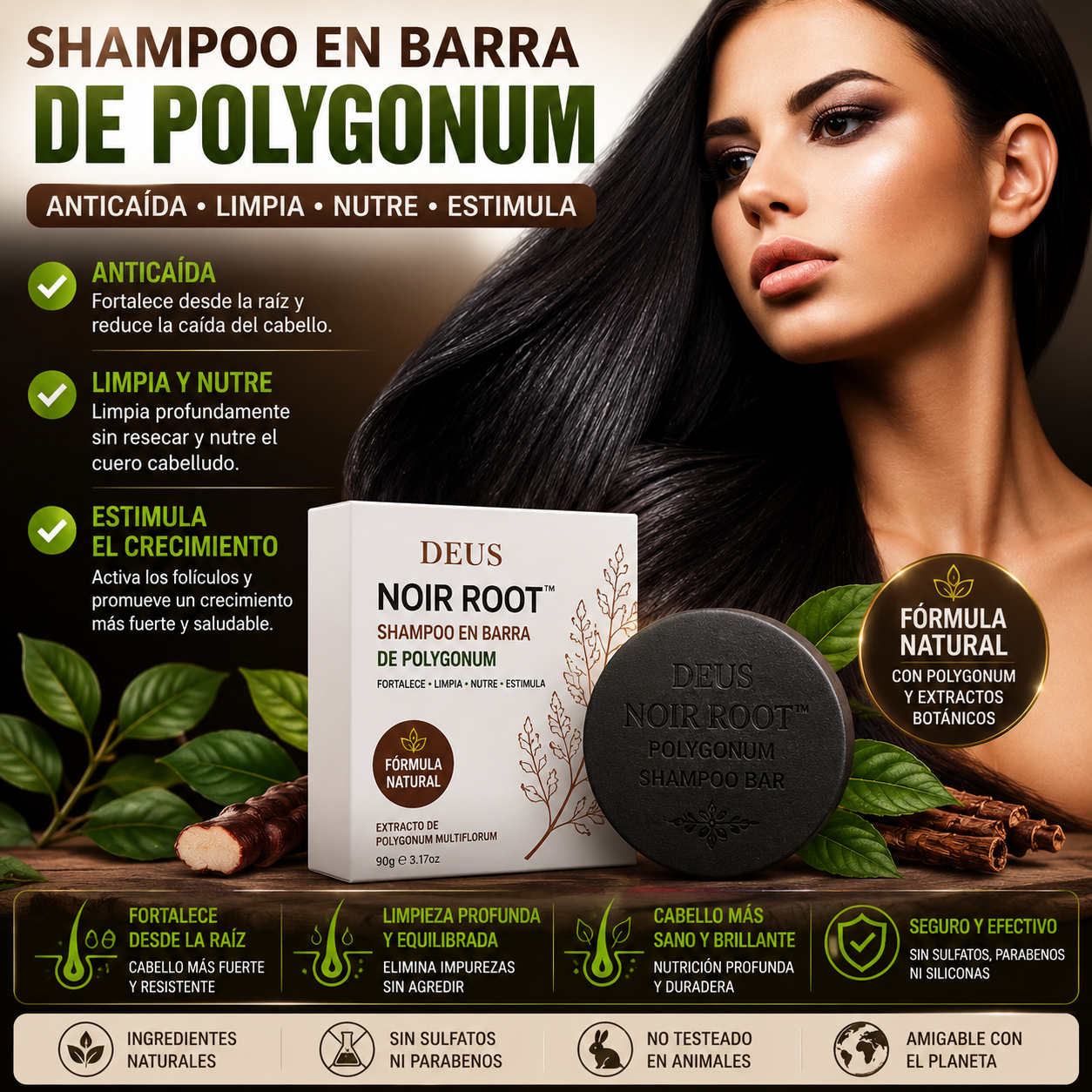 DEUS NOIR ROOT™ – Shampoo Sólido Anticaída con Polygonum Original 2 por 1
