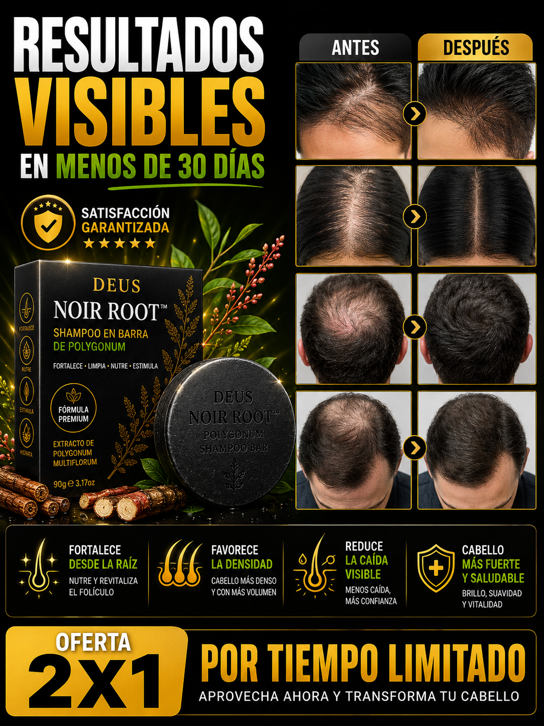 DEUS NOIR ROOT™ – Shampoo Sólido Anticaída con Polygonum Original 2 por 1