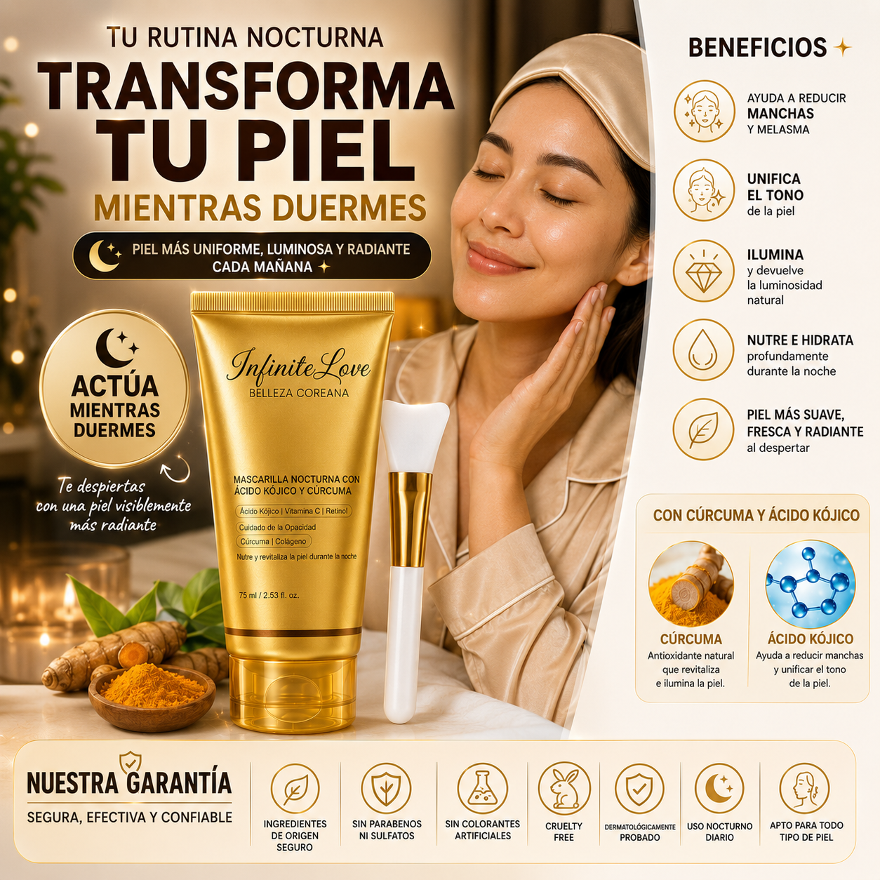 Mascarilla Coreana Nocturna de Cúrcuma y Ácido Kójico – Ayuda a Reducir Manchas y Unificar el Tono de la Piel
