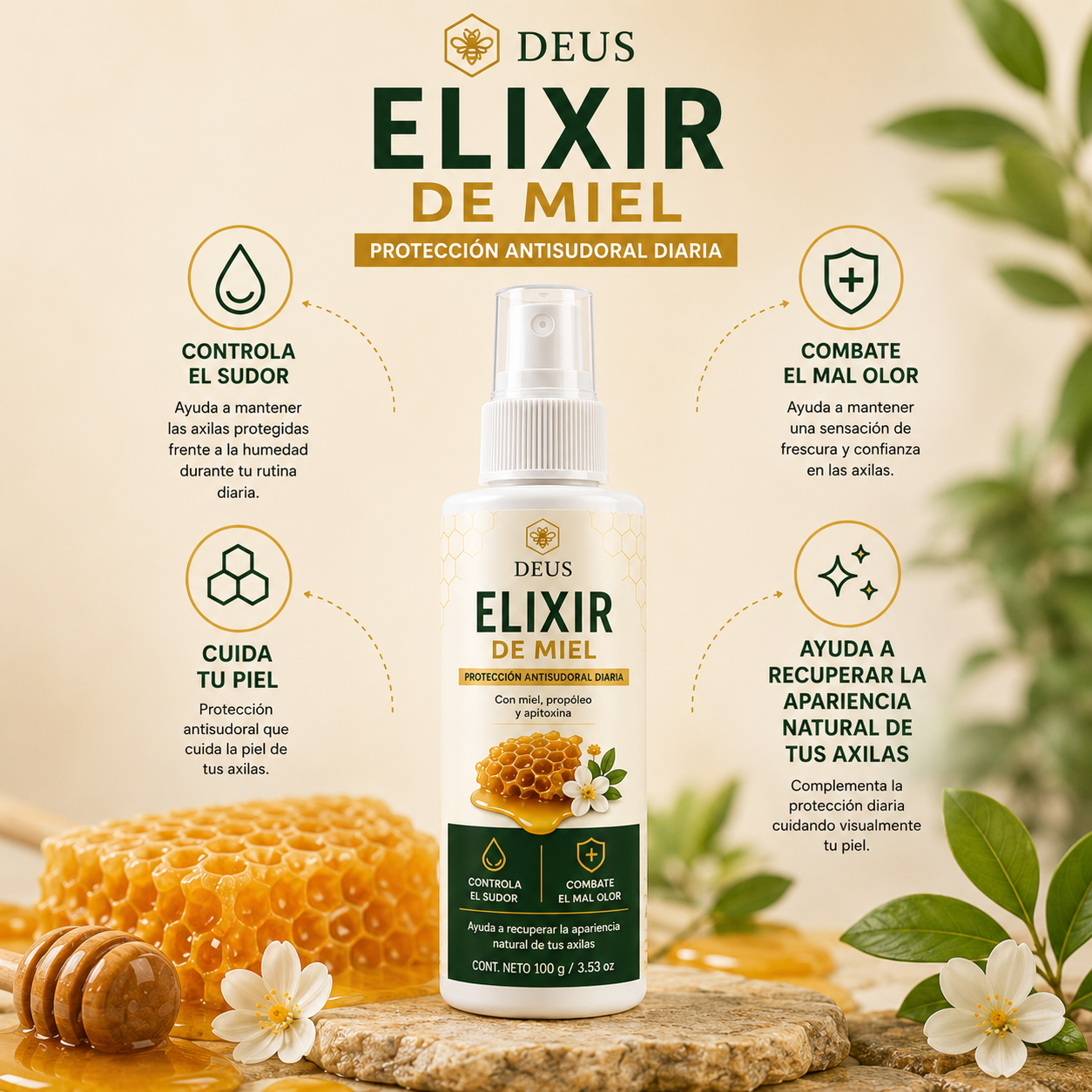 DEUS ELIXIR DE MIEL | Controla el sudor, combate el mal olor y cuida tu piel.