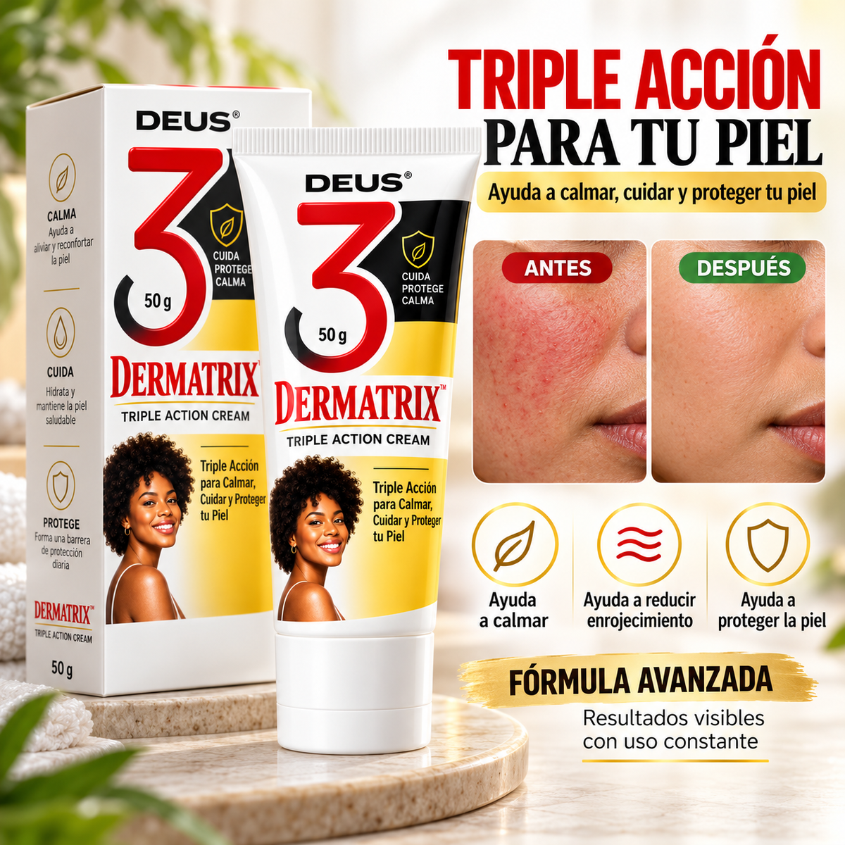 DERMATRIX™ – Triple Acción para Calmar, Cuidar y Proteger tu Piel